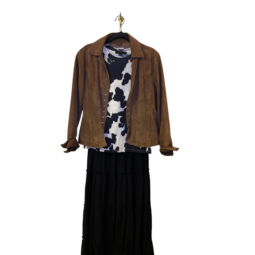Vintage Suede Jacket Cow Print Tee & Black Boho Maxi Skirt Outfit Bundle Set
